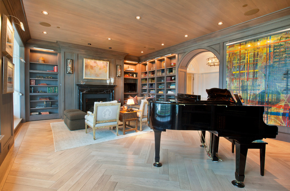 Inspiration for a contemporary living room in Omaha with a music area and light hardwood floors.