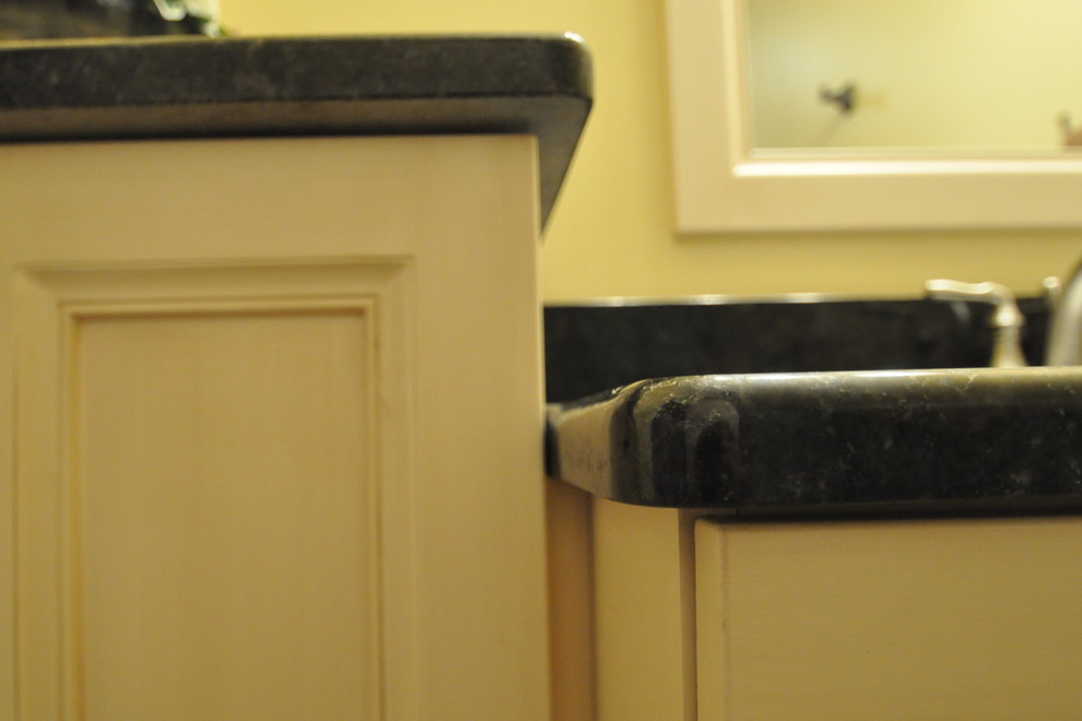 Transitional porcelain tile alcove bathtub photo in Chicago with an undermount sink and flat-panel cabinets