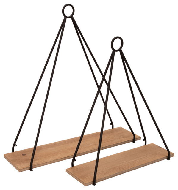 2Piece Set Metal/Wood Triangle Shelf, Brown/Black Industrial