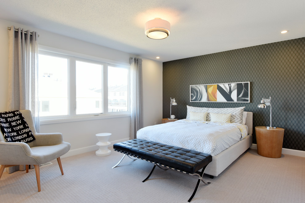 Contemporary bedroom in Ottawa with grey walls, carpet and grey floor.