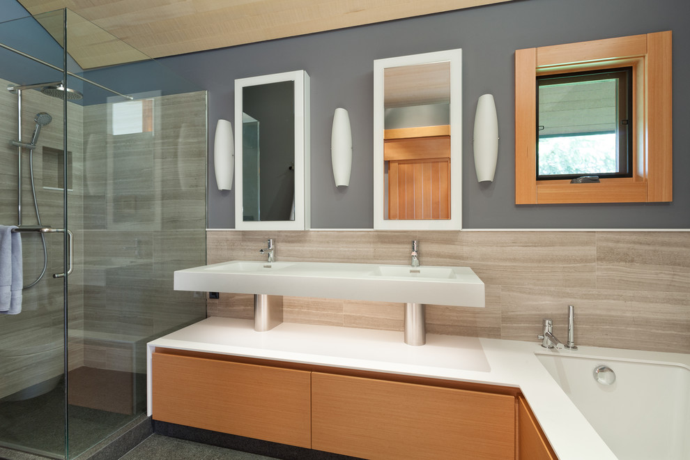 This is an example of a contemporary bathroom in Vancouver with a hinged shower door.