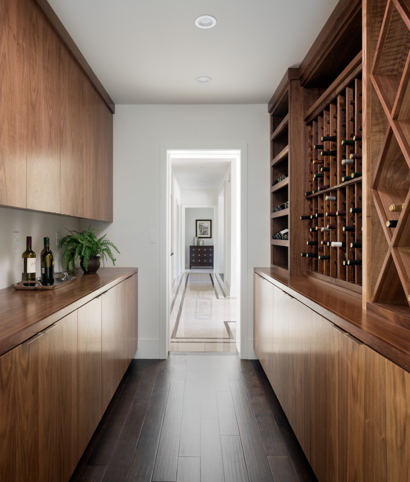 Inspiration for a mid-sized transitional wine cellar in Los Angeles with dark hardwood floors and storage racks.