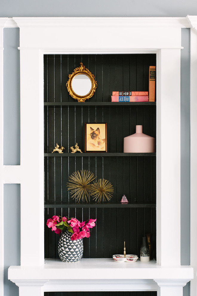 Living room - living room idea in Los Angeles with gray walls