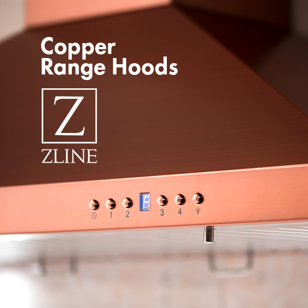 Kitchens featuring a ZLINE Copper Wall Range Hood