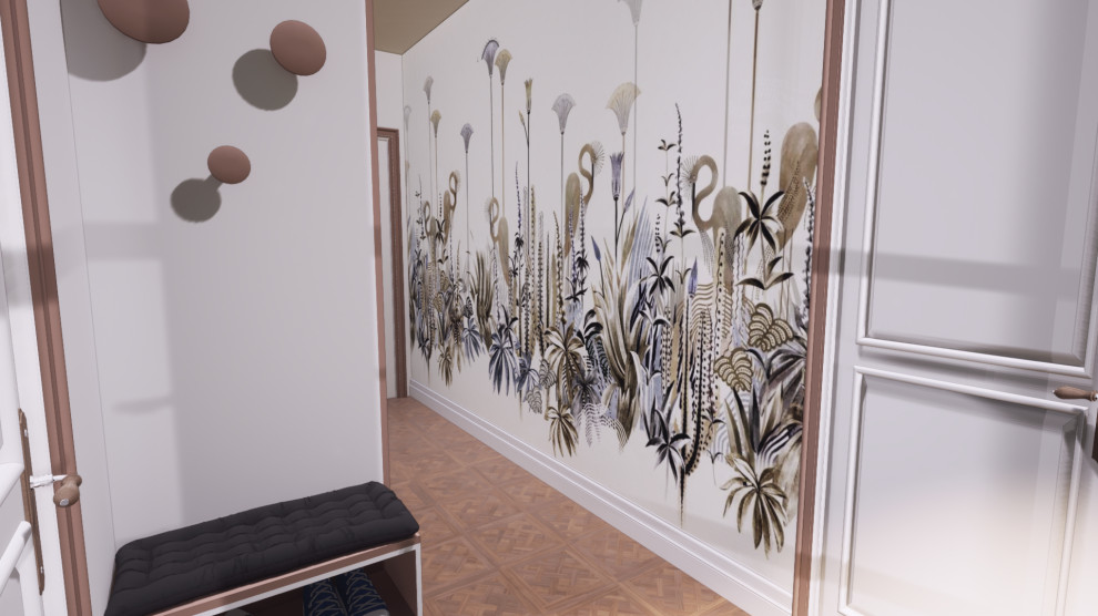 Idée de décoration pour un petit hall d'entrée avec parquet clair, une porte simple, un sol marron et du papier peint.