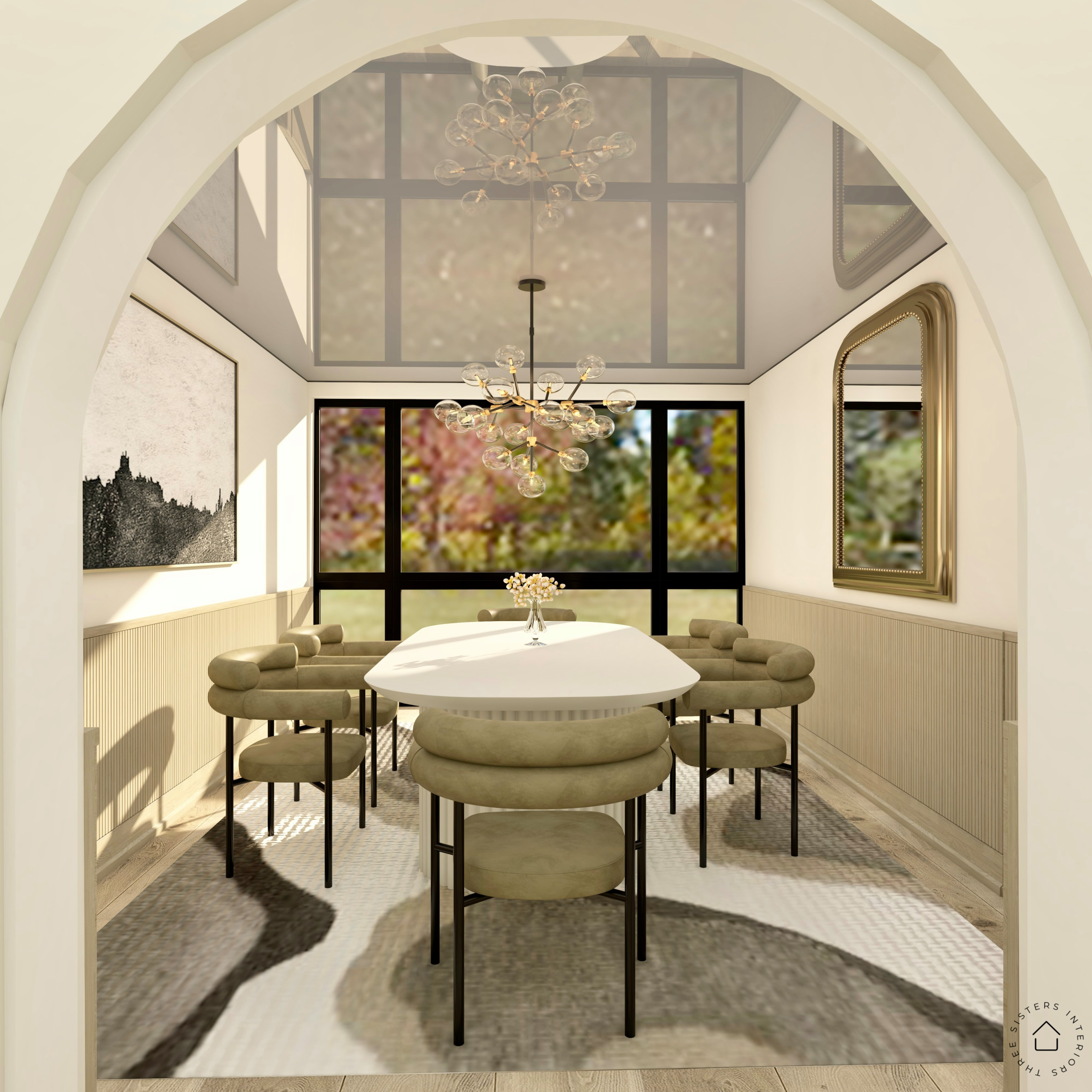 Contemporary/ Modern Formal Dining room, slat round dining table, green modern chairs, abstract rug, reflective ceiling, vintage mirror, slat wainscotting