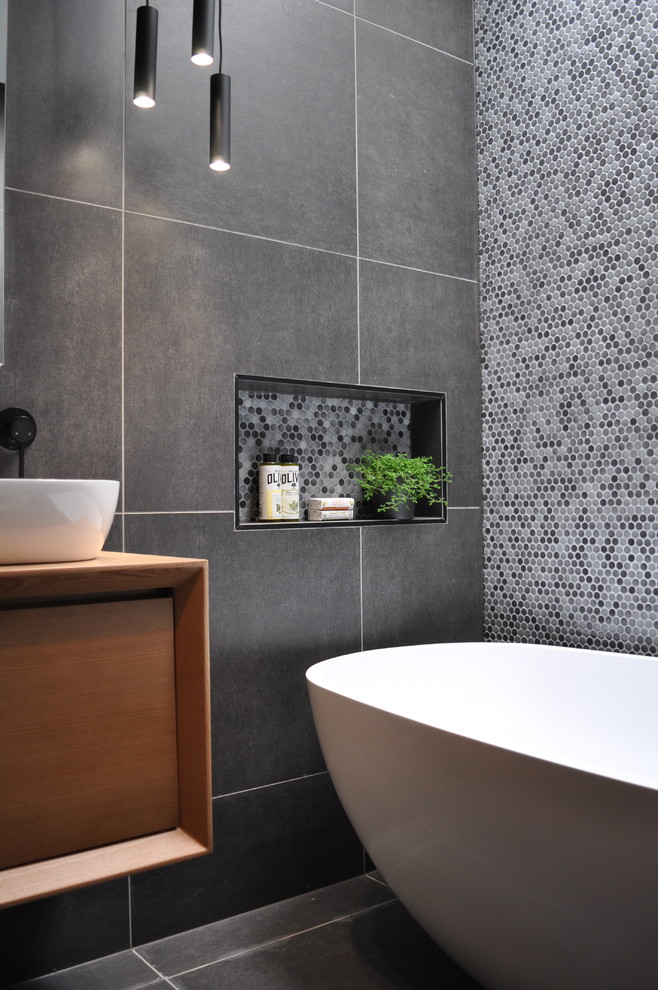 Avonwood Modern Bathroom Dark & Shades of Grey Monochrome with Timber
