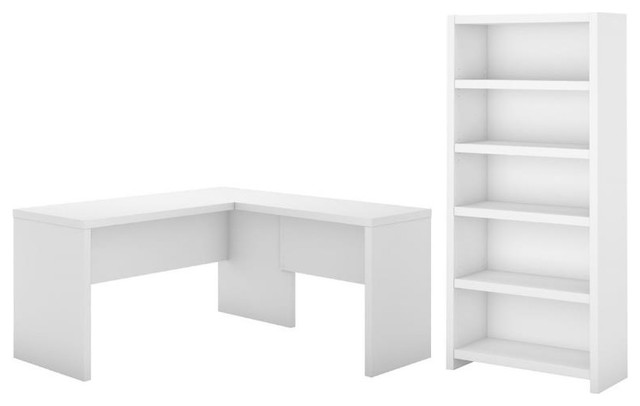 Echo 2 Piece L Shaped Desk And 5 Shelf Bookcase Set In Pure White
