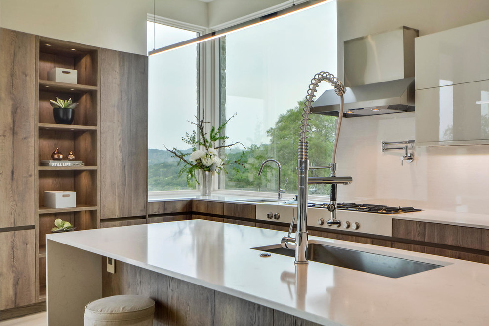 Contemporary l-shaped kitchen in Austin with an undermount sink, open cabinets, dark wood cabinets and with island.