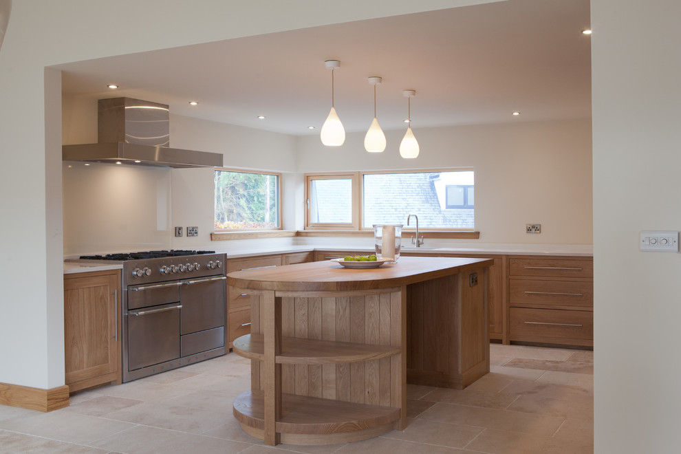 Inspiration for a contemporary u-shaped separate kitchen in Other with an undermount sink, shaker cabinets, medium wood cabinets, white splashback, glass sheet splashback, stainless steel appliances and with island.