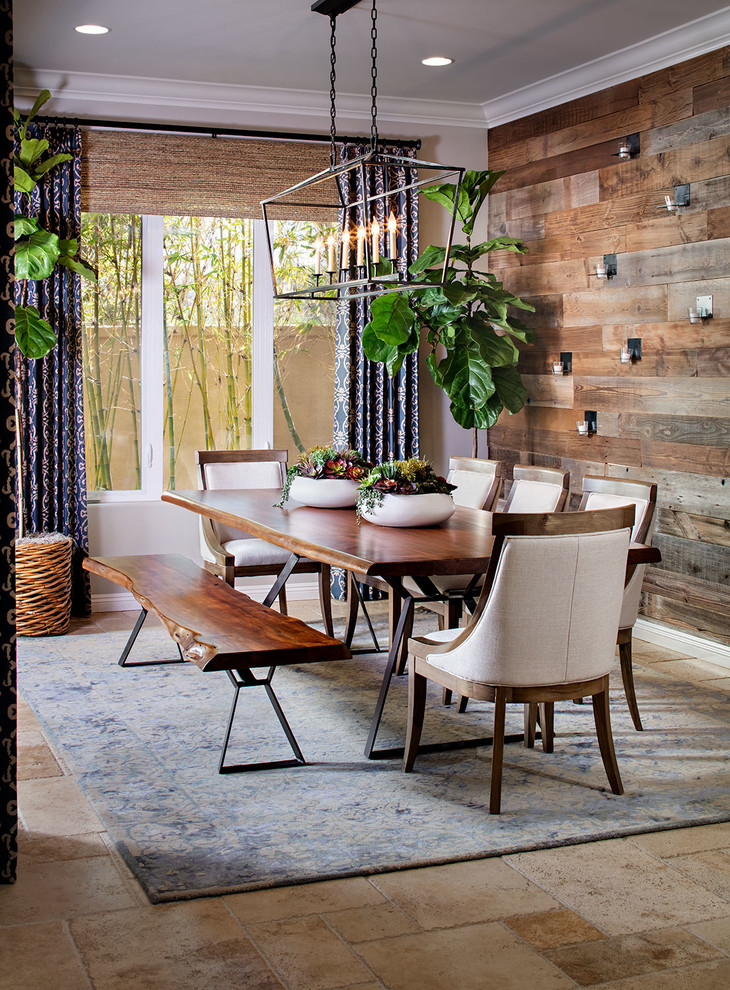 Inspiration for a mid-sized country dining room in San Diego with beige walls and travertine floors.
