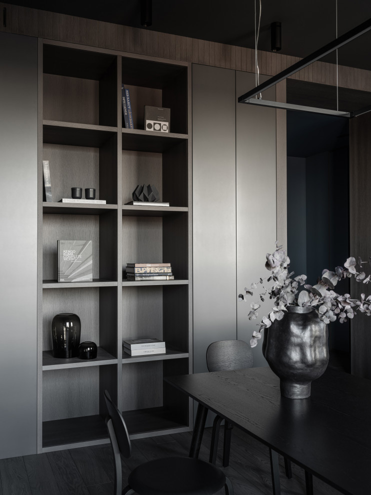 На фото: кухня-столовая среднего размера в стиле лофт с серыми стенами, полом из известняка и серым полом с