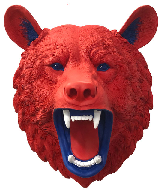 Faux Taxidermy Bear Head Wall Mount Red Blue