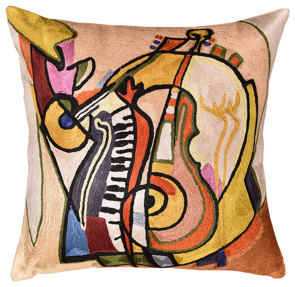 Music Is My Life By Alfred Gockel Accent Pillow Cover Handmade Art Silk 18x18 Contemporary Decorative Pillows By Kashmir Fine Arts Crafts