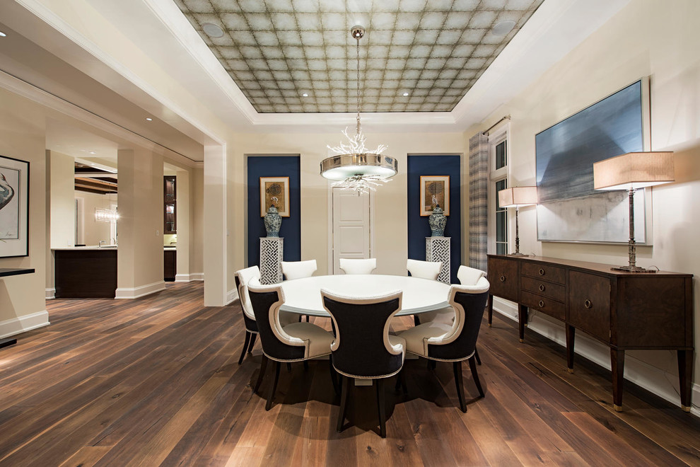 Inspiration for a large transitional dining room in Other with beige walls and dark hardwood floors.