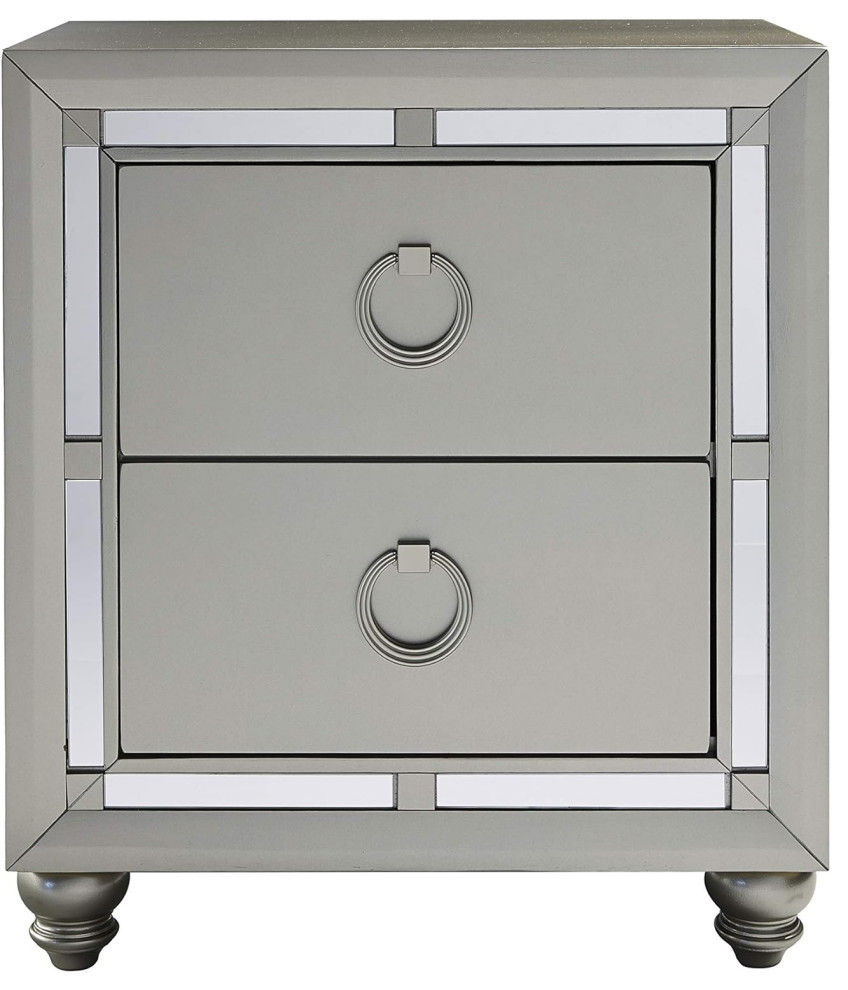 Contemporary Nightstand, Mirrored Design With 2 Drawers & Ring Shaped Pulls Traditional