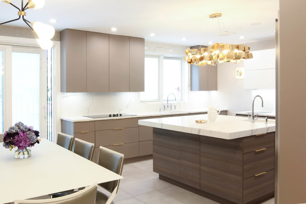 Inspiration for a large contemporary u-shaped eat-in kitchen in New York with an undermount sink, flat-panel cabinets, brown cabinets, quartzite benchtops, white splashback, stone slab splashback, stainless steel appliances, ceramic floors, with island, grey floor and yellow benchtop.