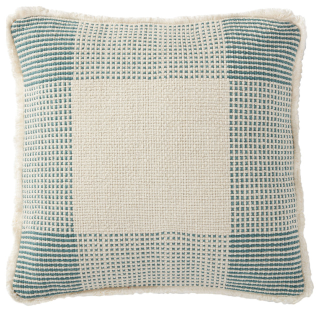 18"x18" Fringed Geometric Woven Plaid Throw Pillow, Natural/Green, No Fill