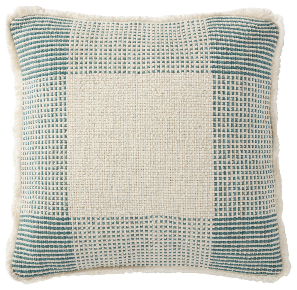18"x18" Fringed Geometric Woven Plaid Throw Pillow, Natural/Green, No Fill
