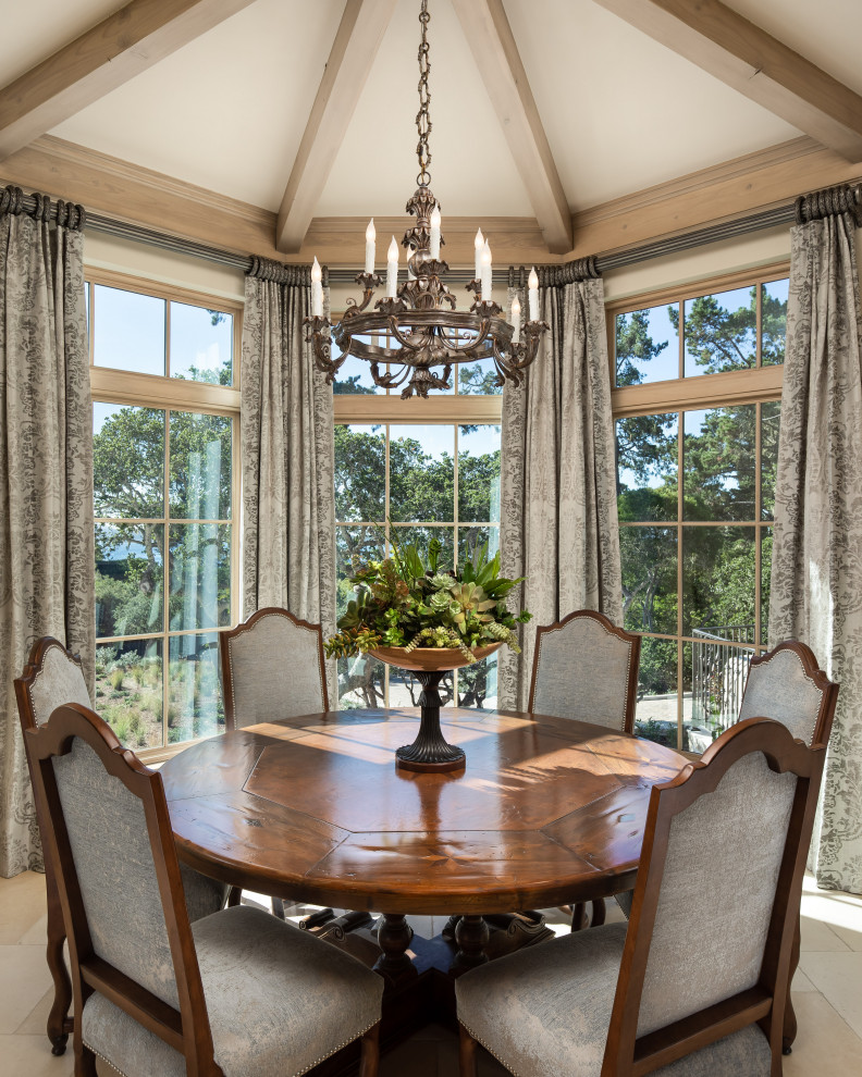 This is an example of a mid-sized contemporary dining room in Orange County with beige walls, ceramic floors, no fireplace, beige floor and vaulted.
