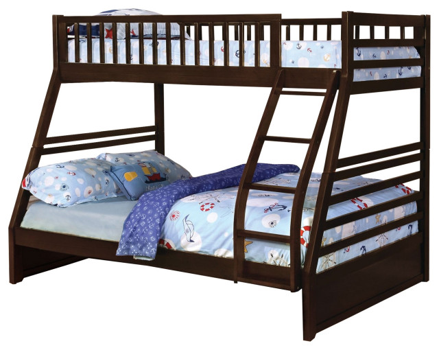 Wooden Twin Over Full Bunk Bed With Angled Ladder, Espresso Brown