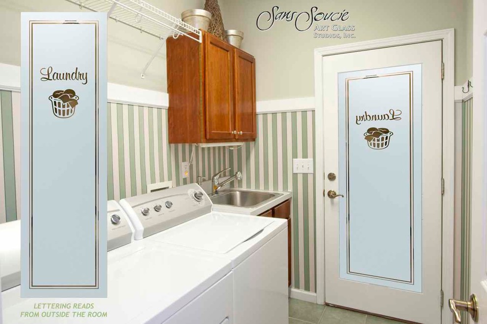 Inspiration for a small traditional single-wall dedicated laundry room in Other with a drop-in sink, recessed-panel cabinets, medium wood cabinets, laminate benchtops, green walls, ceramic floors and a side-by-side washer and dryer.