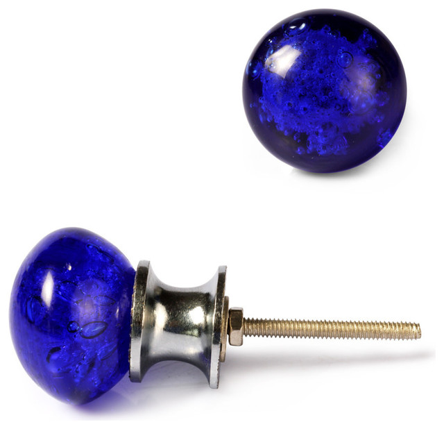 Glass Knobs Dark Blue Set Of 2 Silver Base Contemporary