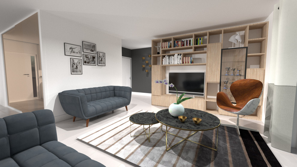 Idee per un soggiorno minimal di medie dimensioni e aperto con libreria, pareti bianche, pavimento con piastrelle in ceramica, stufa a legna, parete attrezzata e pavimento grigio