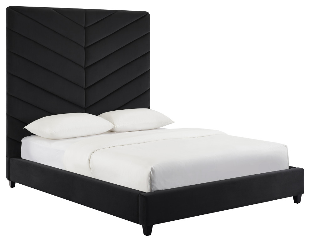 Javan Black Velvet Bed in Queen Black Transitional Platform Beds