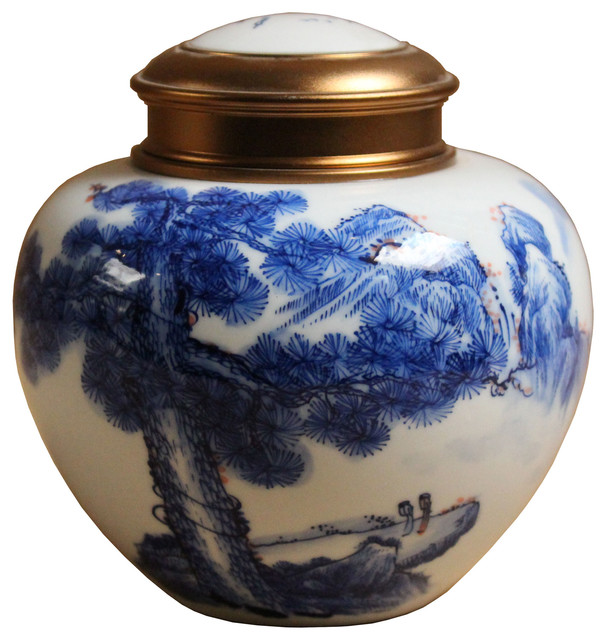 Oriental Handmade Blue White Porcelain Metal Lid Container Urn