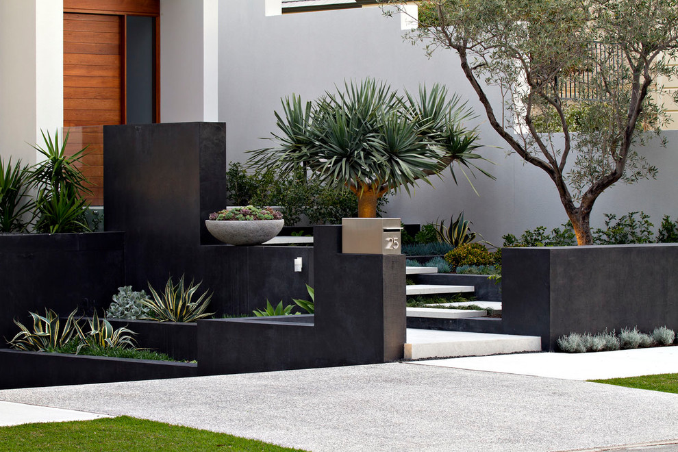 Mid-sized contemporary front yard full sun formal garden in Orange County with a container garden.