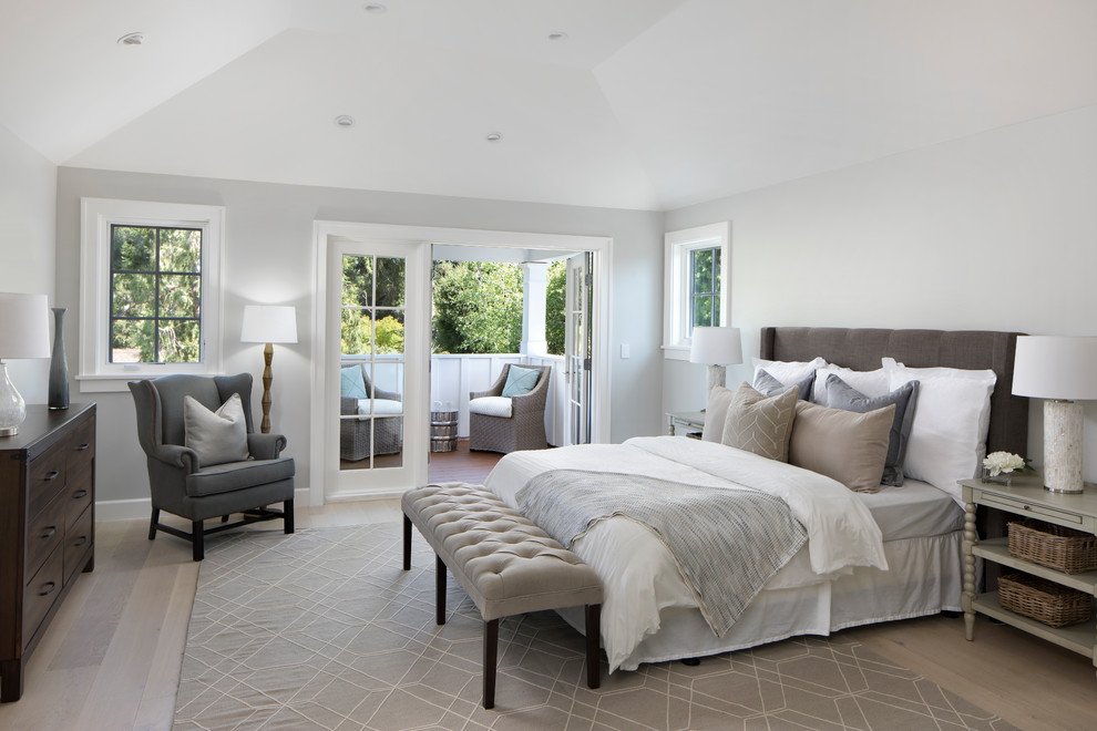 Inspiration for a large transitional master bedroom in San Francisco with grey walls, light hardwood floors, no fireplace and beige floor.