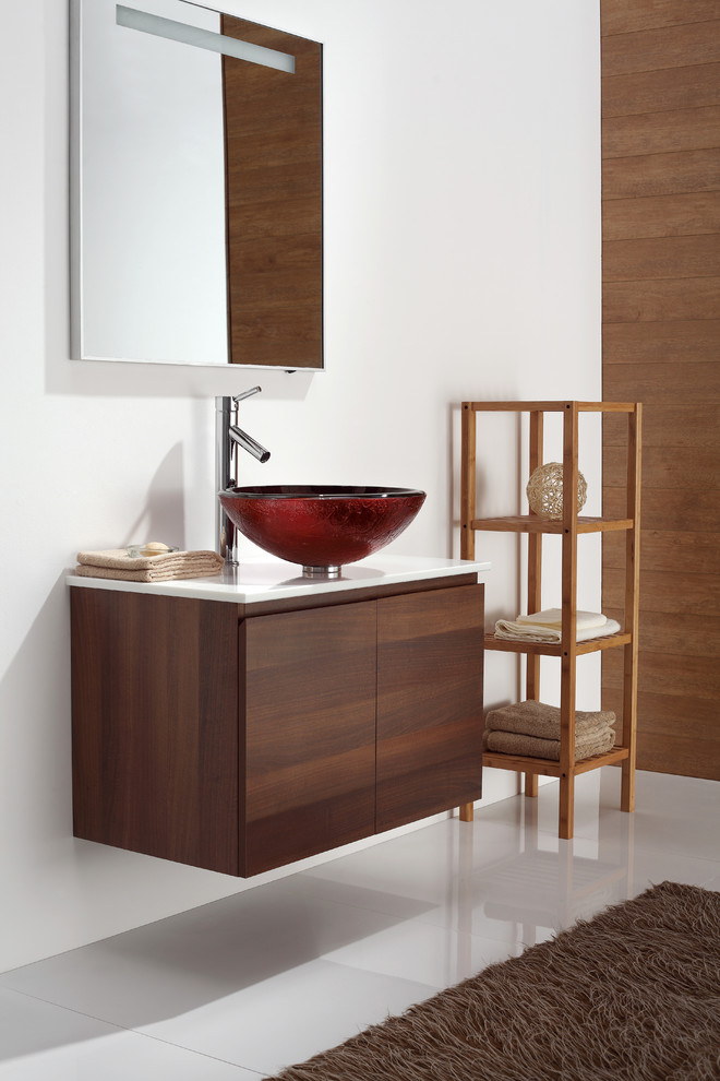 This is an example of a contemporary bathroom in New York with a vessel sink.