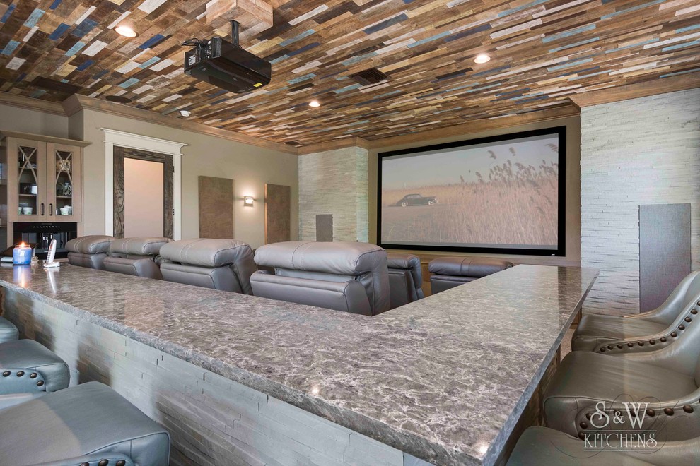 Inspiration for an expansive beach style enclosed home theatre in Tampa with brown walls, carpet, a projector screen and beige floor.