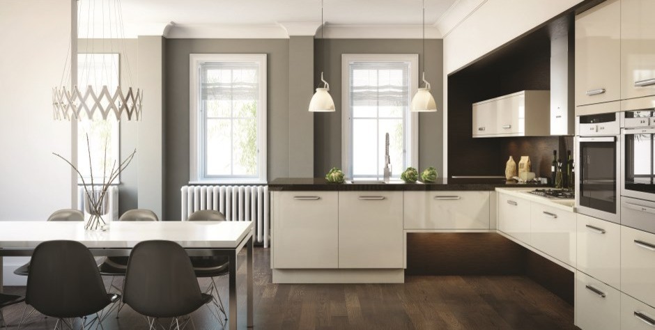 Design ideas for a mid-sized contemporary l-shaped eat-in kitchen in London with beige cabinets and no island.