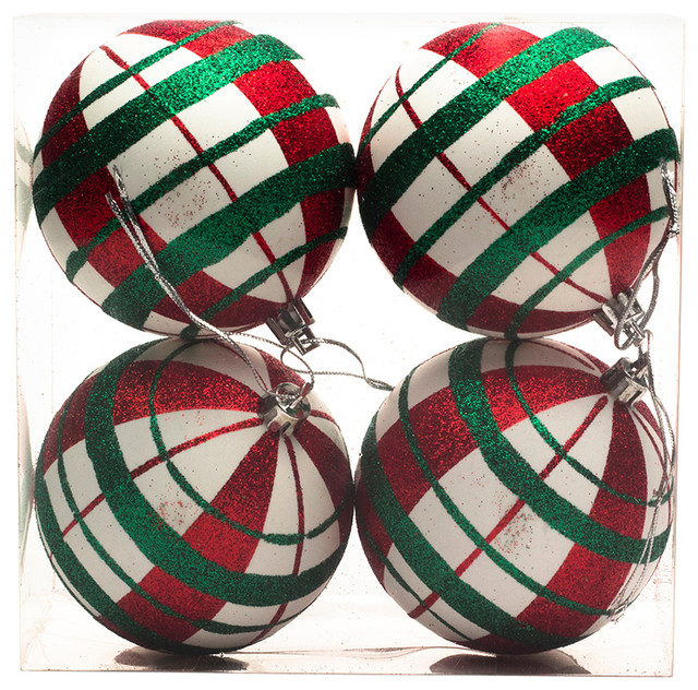 Green and White Plaid Ball Christmas Ornaments 4 Pack 80mm 3" Red 