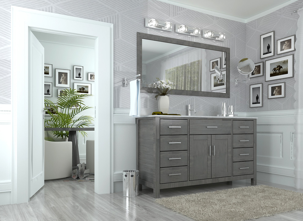 Inspiration for a mid-sized contemporary master bathroom in Toronto with flat-panel cabinets, distressed cabinets, engineered quartz benchtops and gray tile.