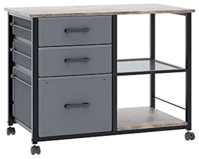 Gray Metal and Wood Lateral File With 3 Drawer and 2 Shelves