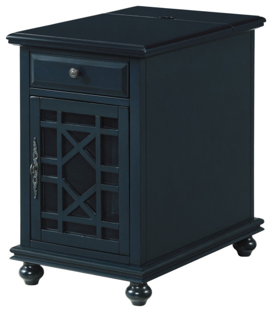 Chairside Table With 1 Drawer And 1 Trellis Door Blue - Saltoro Sherpi