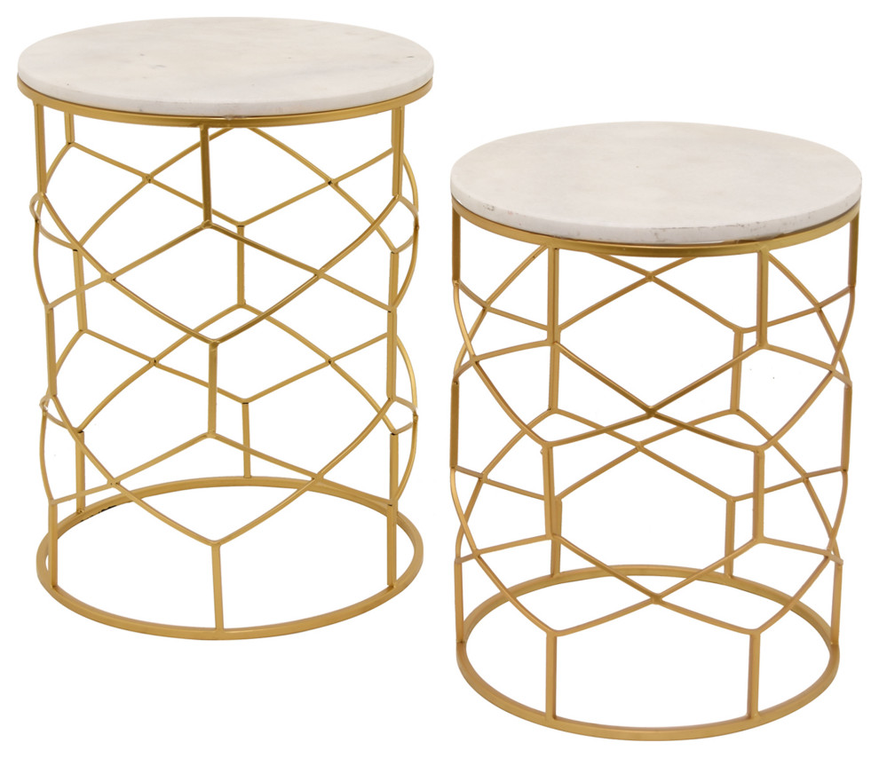Plutus Brands Metal Marble Top Table, Gold Metal Set Of 2 Contemporary Coffee Table Sets