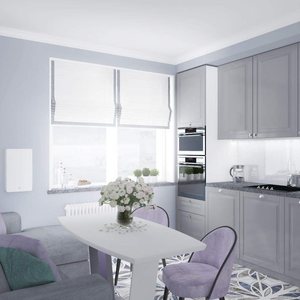 На фото: кухня-столовая среднего размера с серыми стенами, полом из керамической плитки, разноцветным полом, любым потолком и обоями на стенах без камина с