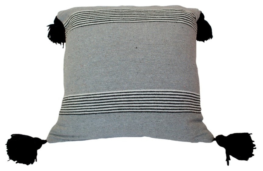 Moroccan Pom Pom Pillow Silver on Black, White and Gray