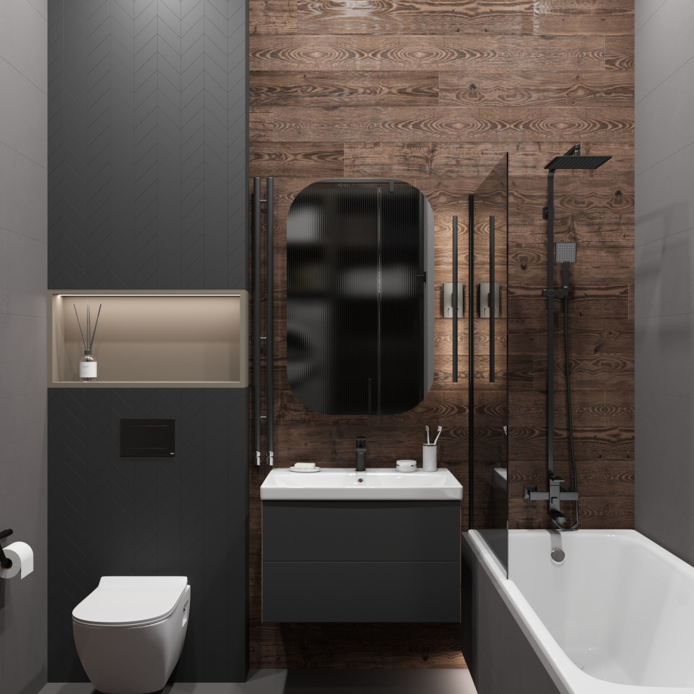 На фото: главная ванная комната со стиральной машиной в современном стиле с ванной в нише, инсталляцией, тумбой под одну раковину и подвесной тумбой