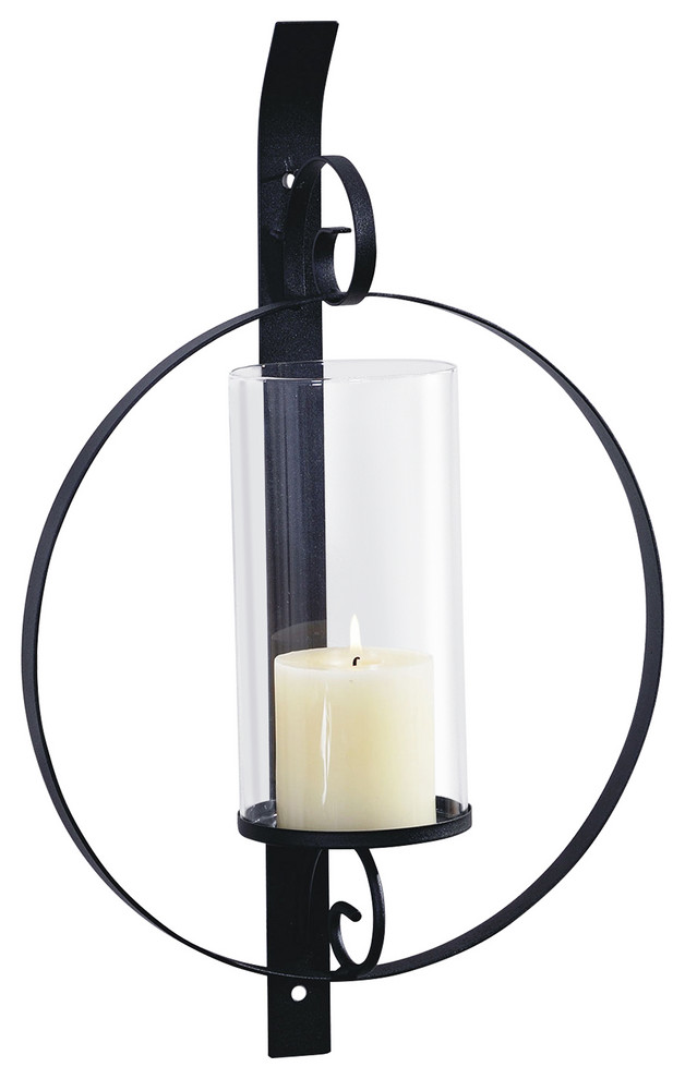 12x19" Orbit II Candle Wall Sconce Holder With Glass Black Metal Mediterranean Wall Sconces