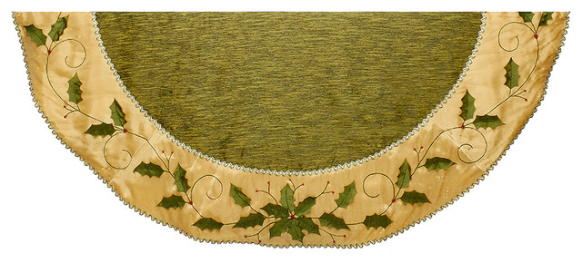 54 Green And Gold Holly Leaves Embroidered Treeskirt 54 Green And Gold Holly Leaves Embroidered Treeskirt