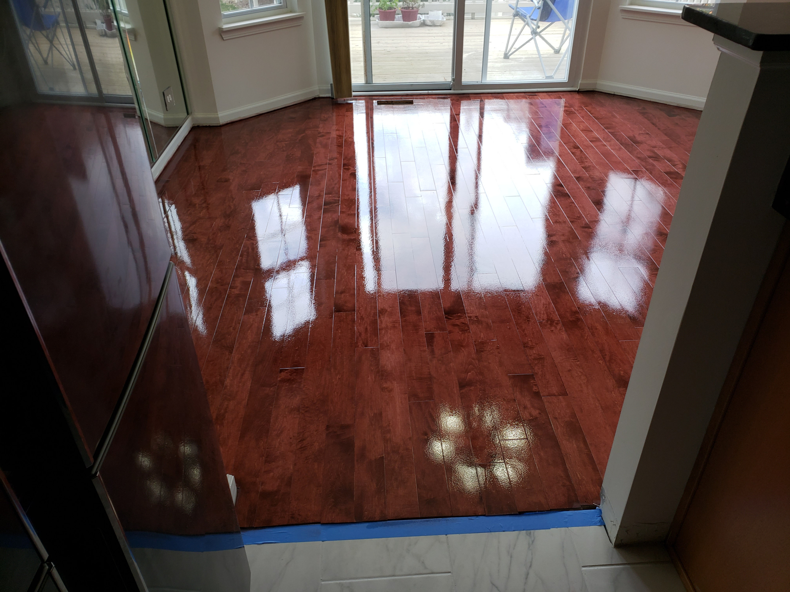 Aurora engineered floors refinished , custom stain , satin sweedish finish