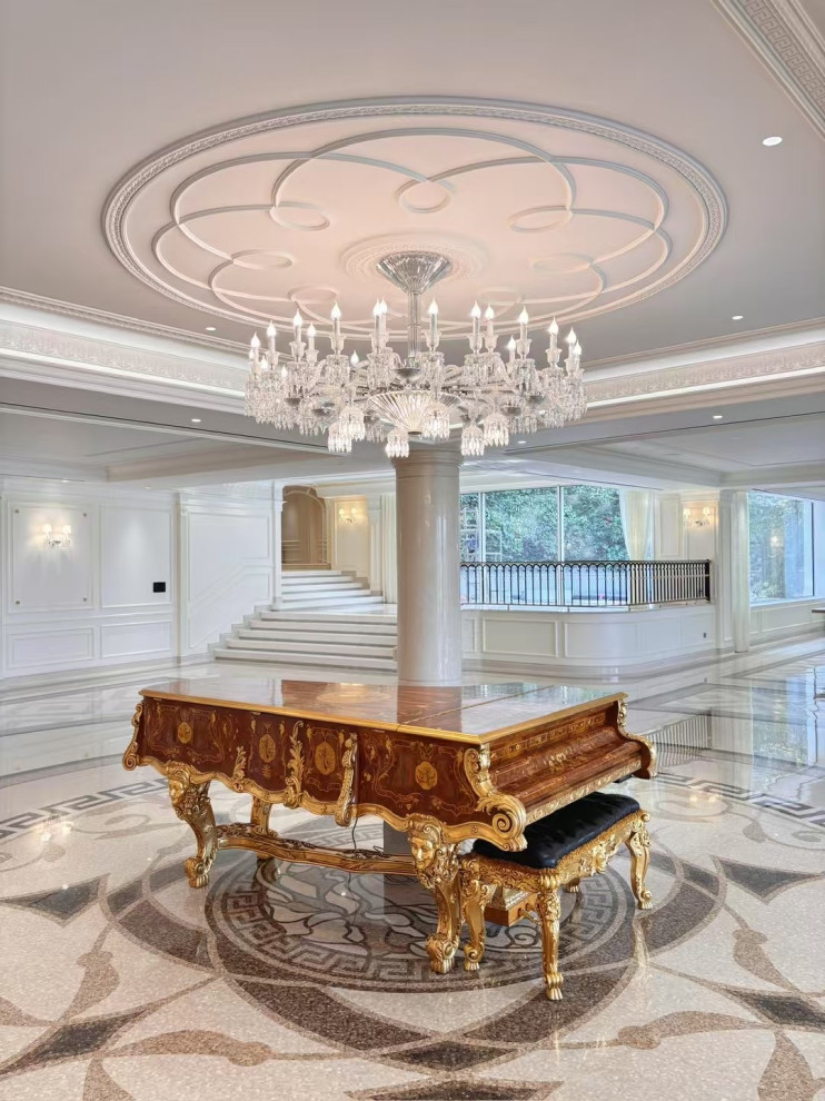 Inspiration for a huge transitional marble floor, multicolored floor, coffered ceiling and shiplap wall hallway remodel with white walls