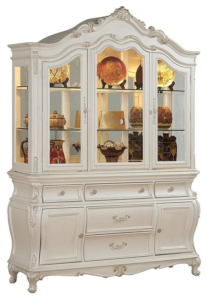 Acme Chantelle Hutch and Buffet, Pearl White Victorian China