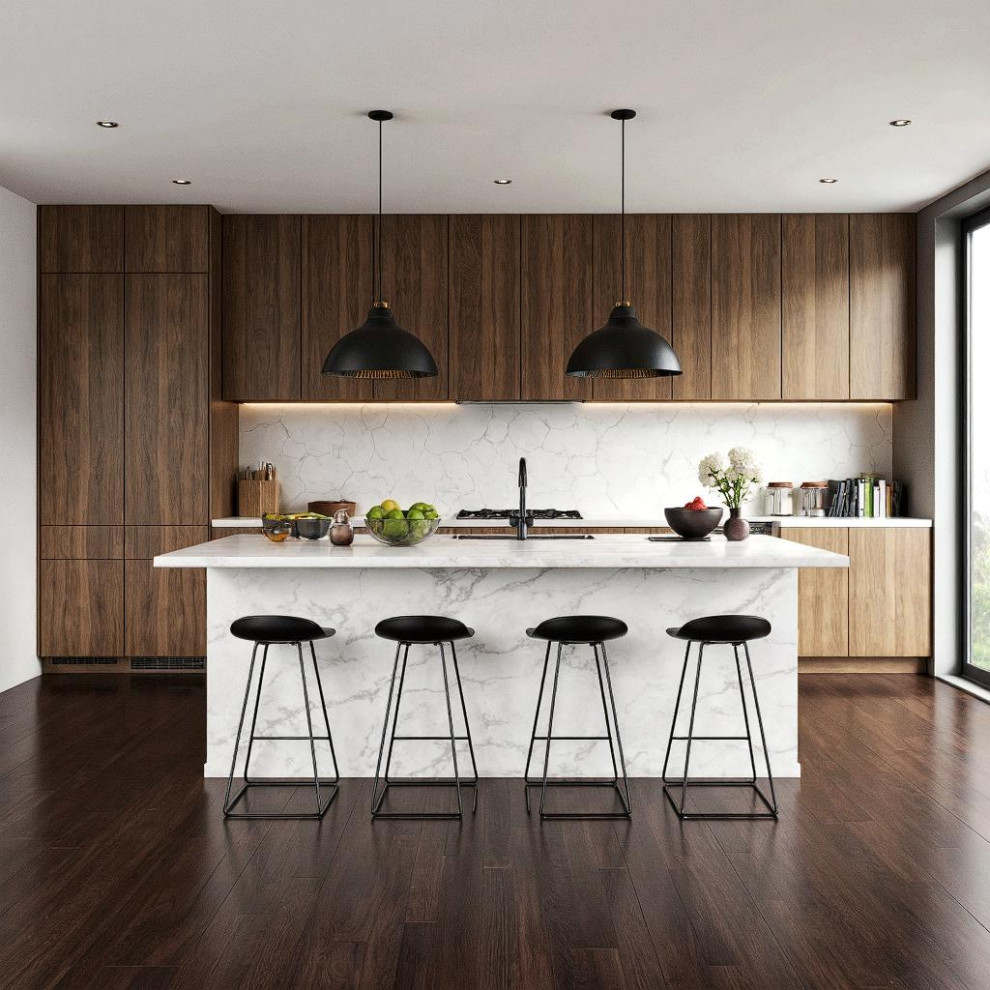 Cucina in legno di noce, isola in marmo bianco