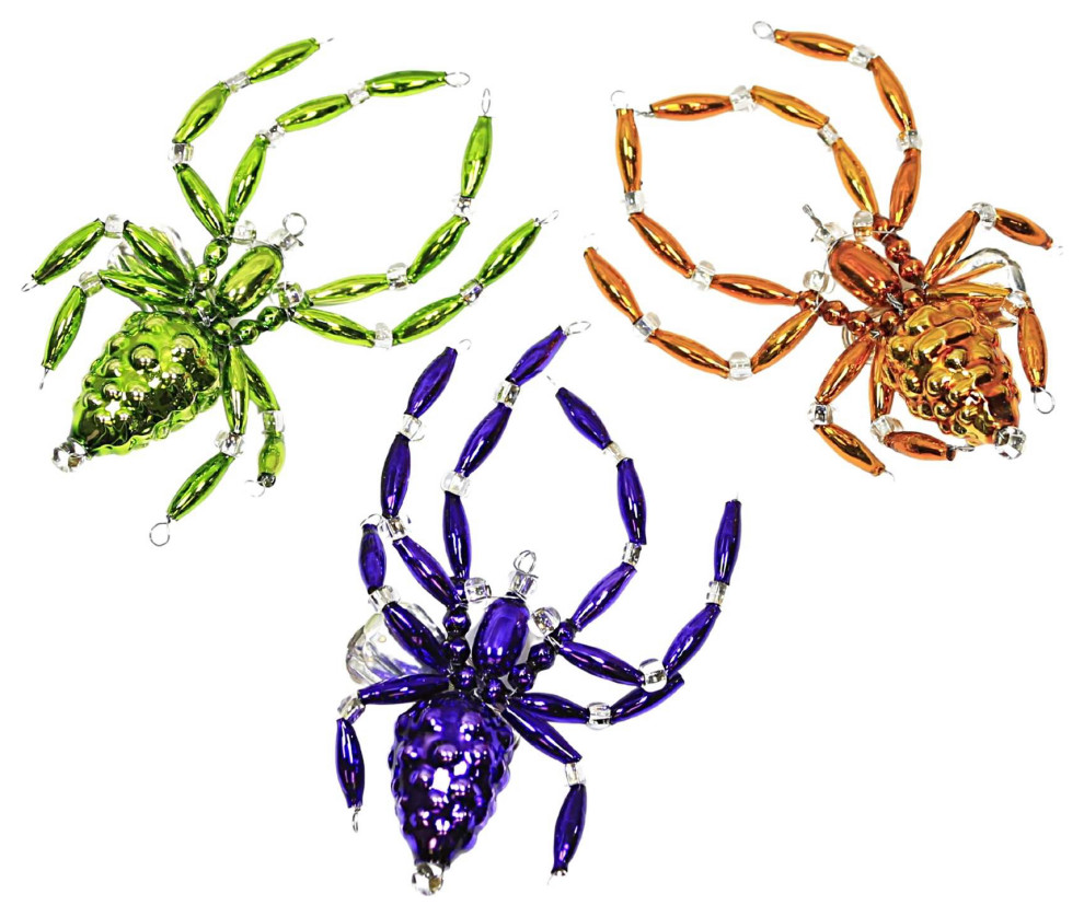Santa Land Halloween Spiders Clip On Glass Ornament Set/3 Beaded Czech